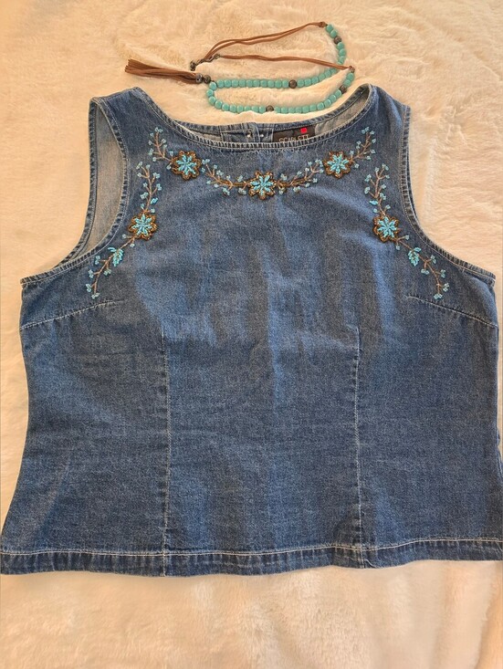 Scarlett Tops - Vintage Scarlett Denim Sleeveless Top With Beaded Turquoise Floral Accents